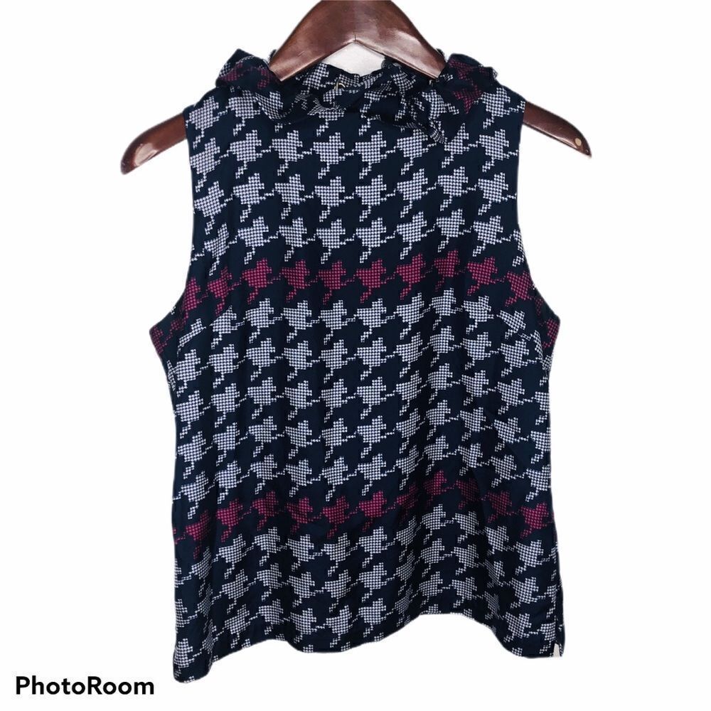 Elizabeth McKay Silk Geometric Sleeveless Blouse 8 High Neck Ruffle Modern Print